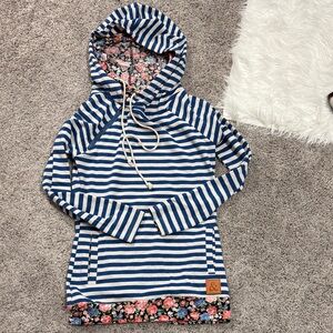 AMPERSAND AVE Blue and White Striped Hoodie with Floral Trim